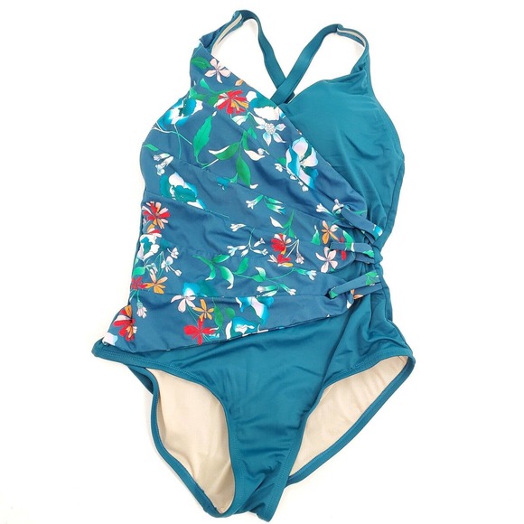 Swimsuits For All Other - Swimsuits For All women 16 Blue Green Floral One Piece Casual Swim Bathingsuit